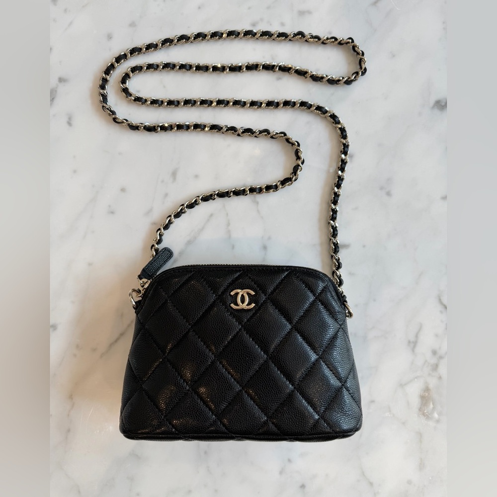 NOT CHANEL Black Quilted Caviar Leather Mini Crossbody with Light Gold Chain